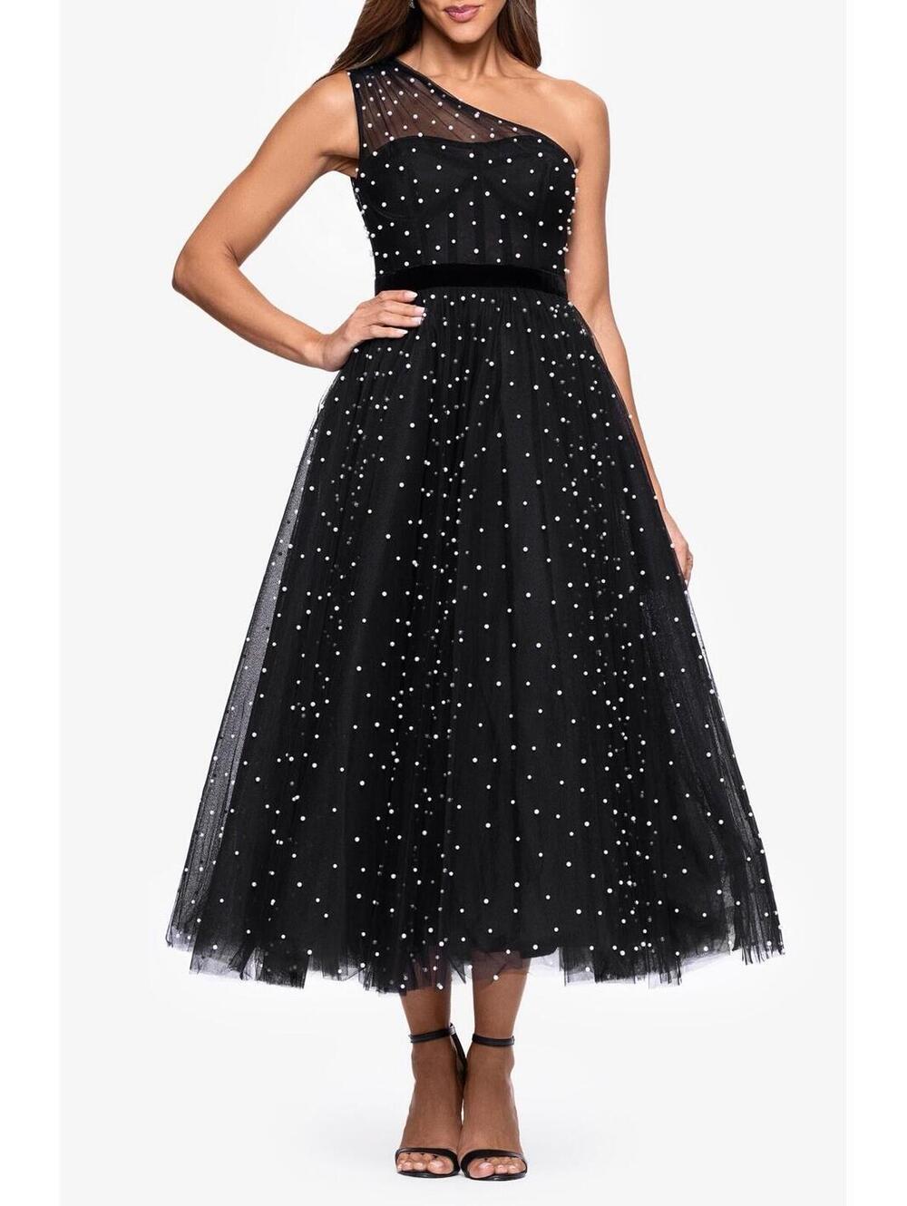 New Betsy & Adam Faux Pearl One-Shoulder Tulle Cocktail Dress Black Sz 10 $289